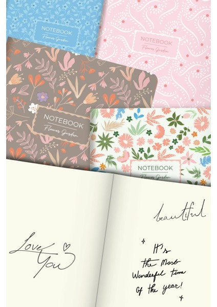 4'lü Flower Garden Defter Seti Çizgisiz 13X20