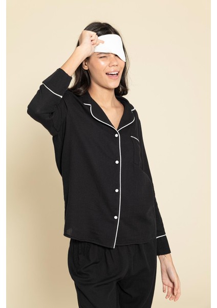 3'lü Organik Beyaz Biyeli Siyah Pijama Takımı