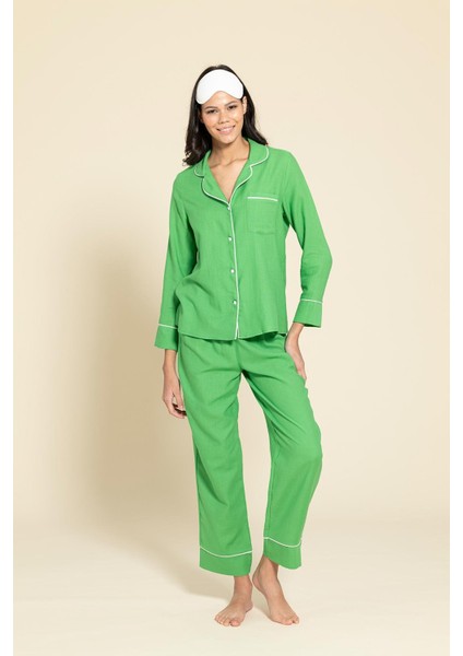 3'lü Organik Beyaz Biyeli Yeşil Pijama Takımı