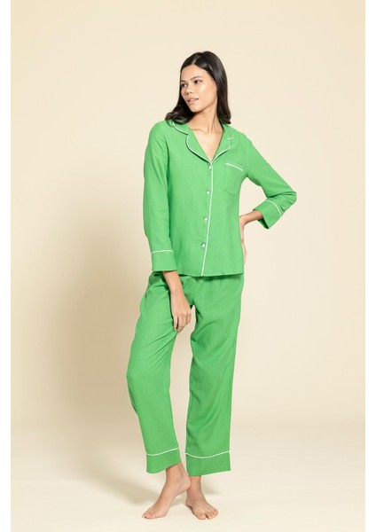 3'lü Organik Beyaz Biyeli Yeşil Pijama Takımı