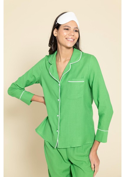 3'lü Organik Beyaz Biyeli Yeşil Pijama Takımı