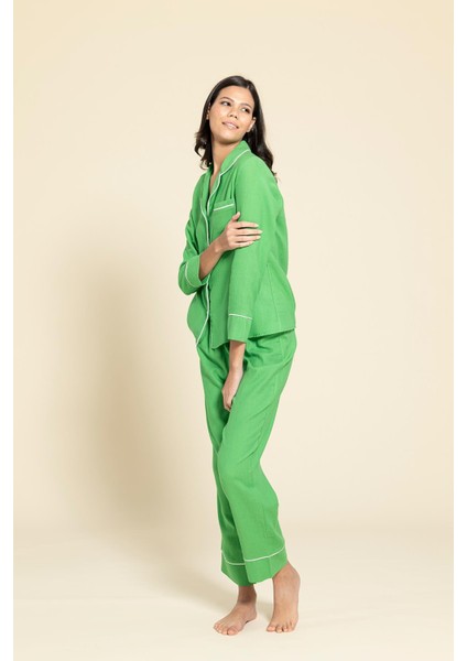 3'lü Organik Beyaz Biyeli Yeşil Pijama Takımı