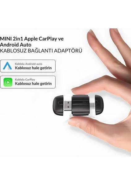 Araç Içi 2in1 Android ve Apple Cihazlar Için Kablosuz Android Auto ve Carplay Adaptörü (EMT-006)