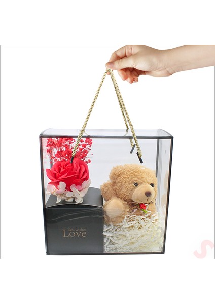 Kahve Pelüş Ayıcıklı ve Kutulu Yapay Çiçek Buketi - 20 cm