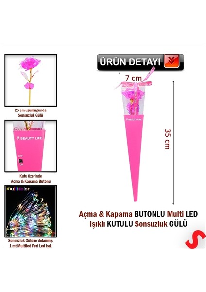 Kutulu ve LED Işıklı Sonsuzluk Gülü, 35 cm - Fuşya