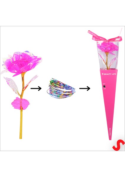 Kutulu ve LED Işıklı Sonsuzluk Gülü, 35 cm - Fuşya