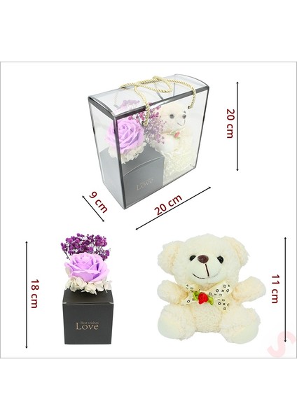 Beyaz Pelüş Ayıcıklı ve Kutulu Yapay Çiçek Buketi - 20 cm