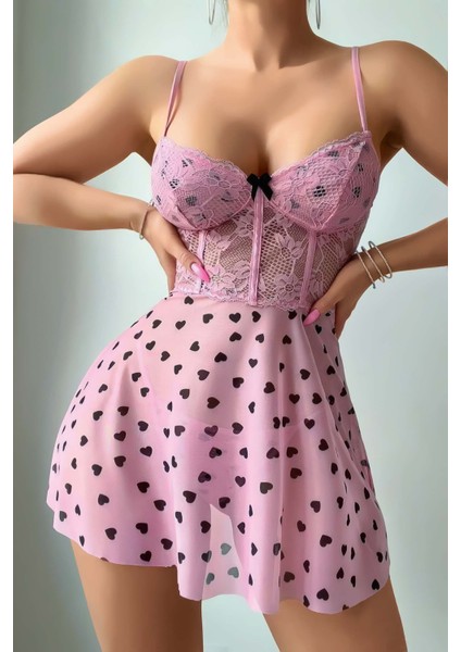 Pembe Saten Siyah Kalp Baskılı Askılı Dantel Detaylı Gecelik