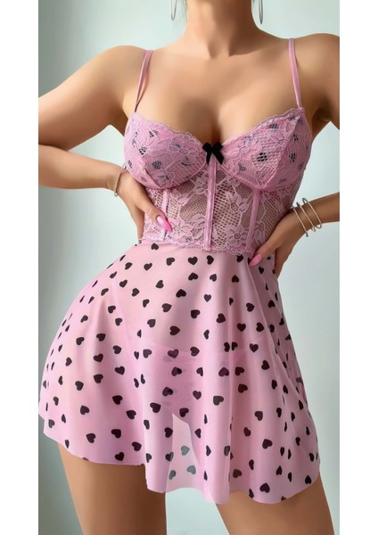 Pembe Saten Siyah Kalp Baskılı Askılı Dantel Detaylı Gecelik
