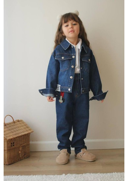 Mnn Nakış Işlemeli Kot Ceket Pantolon 2 Li Kız çocuk takım - Lacivert