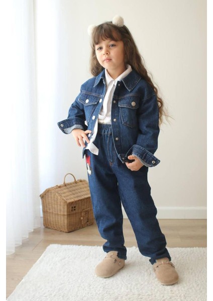 Mnn Nakış Işlemeli Kot Ceket Pantolon 2 Li Kız çocuk takım - Lacivert fiyatları