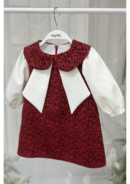 Bordo Kırmızı ve Kırık Beyaz Kız Çocuk Bebek Jile Krep Elbise modelleri
