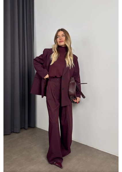 Mürdüm Oversize Blazer Ceket Pantolon Takım