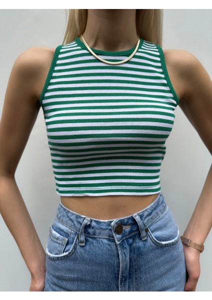 Kadın Yeşil/beyaz Çizgili Fitilli Halter Yaka Crop Top