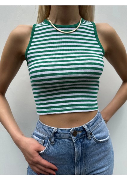 Kadın Yeşil/beyaz Çizgili Fitilli Halter Yaka Crop Top fiyatları