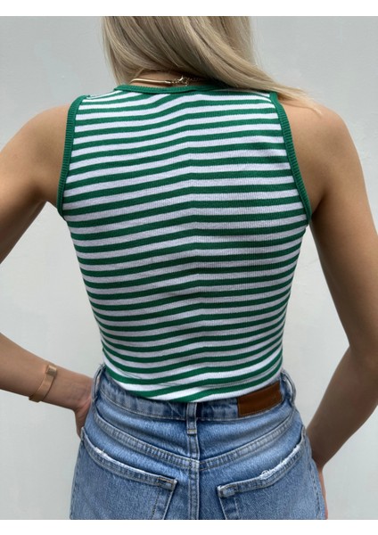 Kadın Yeşil/beyaz Çizgili Fitilli Halter Yaka Crop Top modelleri