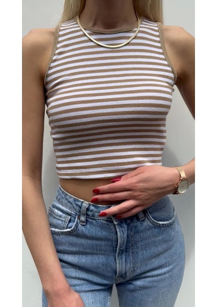 Kadın Kahve/beyaz Çizgili Fitilli Halter Yaka Crop Top