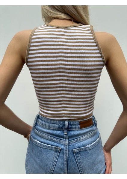 Kadın Kahve/beyaz Çizgili Fitilli Halter Yaka Crop Top modelleri