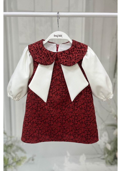 Bordo Kırmızı ve Kırık Beyaz Kız Çocuk Bebek Jile Krep Elbise