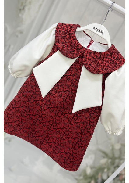 Bordo Kırmızı ve Kırık Beyaz Kız Çocuk Bebek Jile Krep Elbise