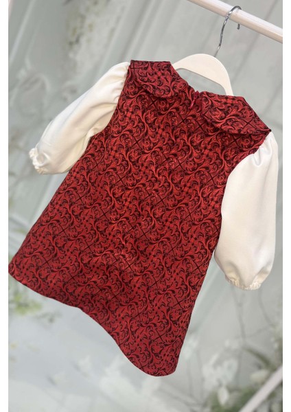 Bordo Kırmızı ve Kırık Beyaz Kız Çocuk Bebek Jile Krep Elbise
