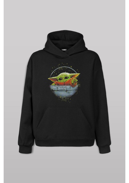 Kapüşonlu Hoodie Baby On Board Yoda Star Wars Yeşil Mandalorian Ön Baskılı Sweatshirt Unisex
