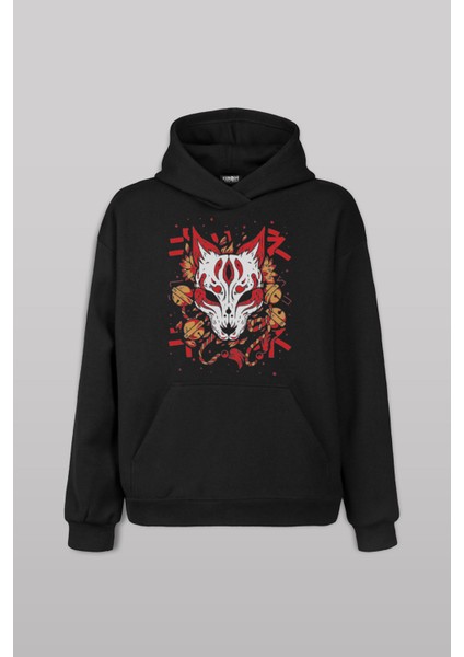 Kitsune Mask Japanese Japon Kültür Ön Baskılı Sweatshirt Unisex Kapüşonlu Hoodie
