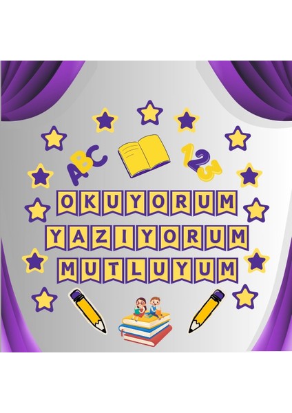 Okuyorum Yazıyorum Mutluyum Mor Sarı Pano Süsü Pano Süsü