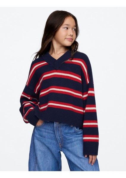 Kız Çocuk Lacivert Cashsoft Oversize V Yaka Kazak