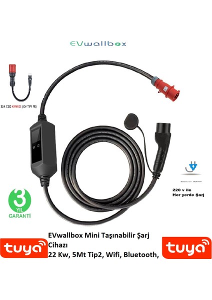 22 Kw Taşınabilir 5mt Tip2 Kablo+Wifi+Bluetooth+Mobil Uygulama