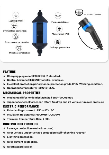 22 Kw Taşınabilir 5mt Tip2 Kablo+Wifi+Bluetooth+Mobil Uygulama