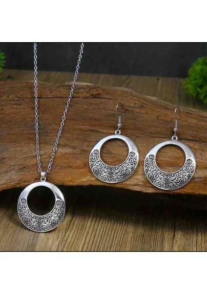 Vintage Küpe ve Kolye Seti / Detaylı Oyma Çinko Alaşım