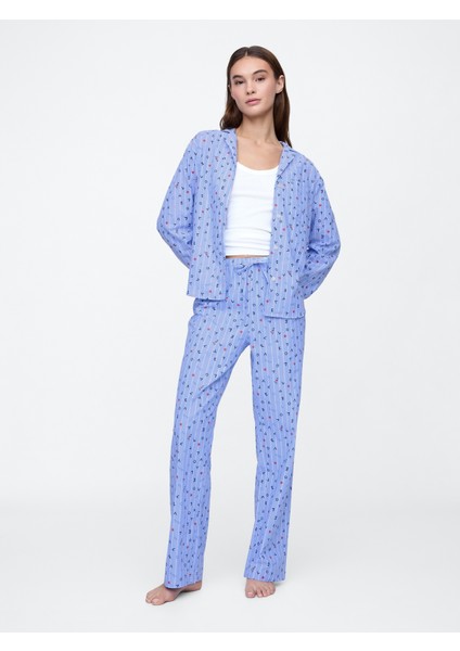 Kadın Açık Mavi Desenli Poplin Pijama Altı