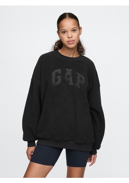 Kadın Siyah Gap Logo Oversize Sherpa Heart Sweatshirt