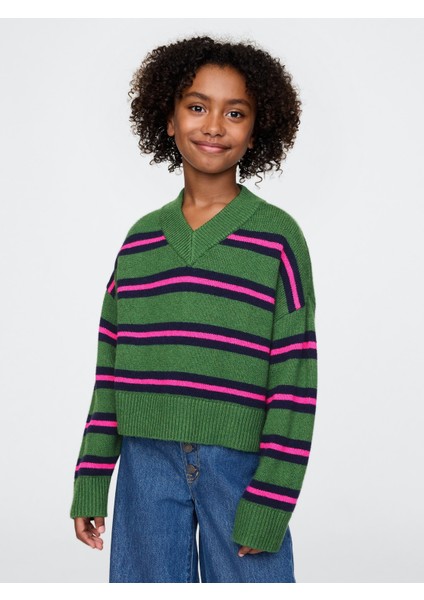 Kız Çocuk Koyu Yeşil Cashsoft Oversize V Yaka Kazak