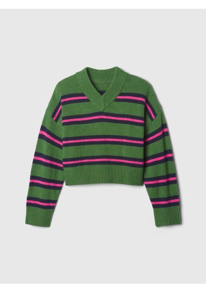 Kız Çocuk Koyu Yeşil Cashsoft Oversize V Yaka Kazak fiyatları