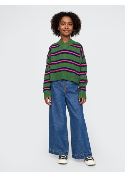 Kız Çocuk Koyu Yeşil Cashsoft Oversize V Yaka Kazak fırsatları