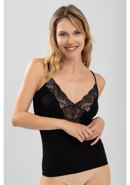 Kadın Ince Askılı Danteli V Yaka Pamuklu Atlet 6251 Siyah