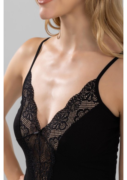 Kadın Ince Askılı Danteli V Yaka Pamuklu Atlet 6251 Siyah fırsatları