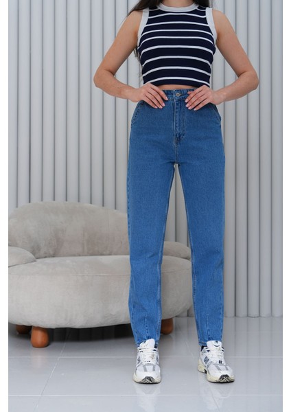 Mom Yüksek Bel Paça Pensli Jean Pantolon - Mavi 2042
