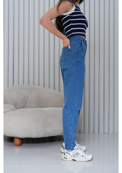 Mom Yüksek Bel Paça Pensli Jean Pantolon - Mavi 2042