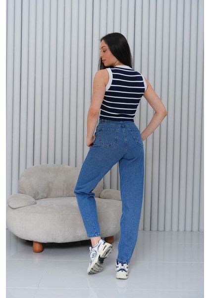 Mom Yüksek Bel Paça Pensli Jean Pantolon - Mavi 2042