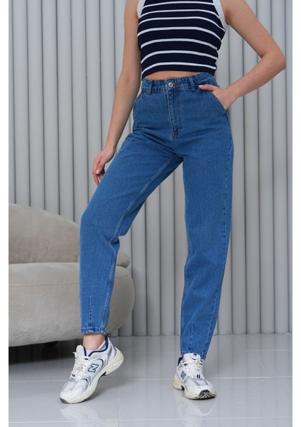 Mom Yüksek Bel Paça Pensli Jean Pantolon - Mavi 2042