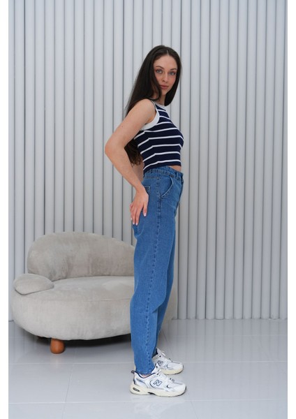Mom Yüksek Bel Paça Pensli Jean Pantolon - Mavi 2042