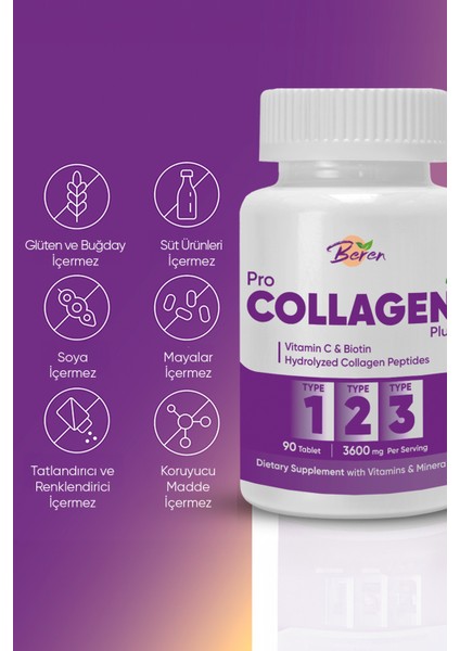 Pro Kolajen Plus - Tip 1, 2 ve 3 Kolajen,vitamin C, Biotin ve Çinko Içeren 90 Tablet
