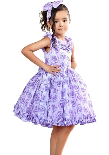 Kız Çocuk Yakası ve Etek Ucu Fırfırlı Üzeri Gül Baskılı Kolsuz Lila Elbise indirimleri
