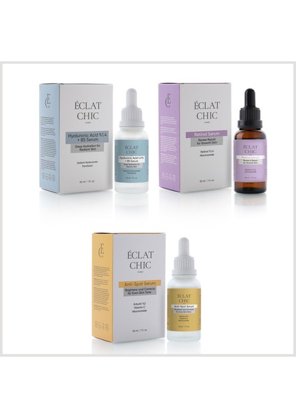 Hyaluronic Acid, Retinol ve Anti-Spot Serum 3'lü Cilt Bakım Seti
