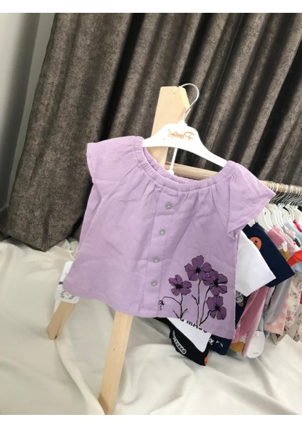 Lila Renkli Pamuk Kız Bebek ve Kız Çocuk Tişört Şort Ikili Takım Çiçek Desenli Şortlu Takım Kız Çocuk Alt-Üst Ikili Yazlk Takım