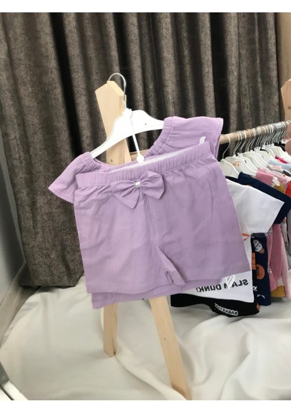 Lila Renkli Pamuk Kız Bebek ve Kız Çocuk Tişört Şort Ikili Takım Çiçek Desenli Şortlu Takım Kız Çocuk Alt-Üst Ikili Yazlk Takım fiyatları