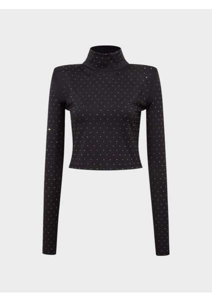 Taş Baskılı Boğazlı Crop Bluz - Siyah